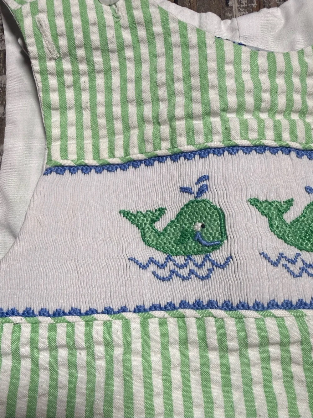 Vintage Kelly's Kids Green Seersucker Smocked Whale Romper 6 Mo Boys